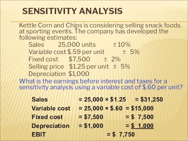 SENSITIVITY ANALYSIS Kettle Corn and Chips is considering selling snack foods at