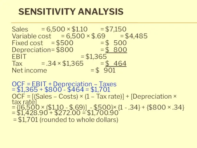 SENSITIVITY ANALYSIS Sales = 6,500 × $1.10 = $7,150 Variable cost =