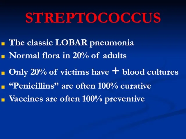 STREPTOCOCCUS The classic LOBAR pneumonia Normal flora in 20% of adults Only