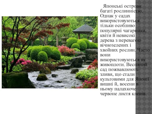 Японські острови багаті рослинністю. Однак у садах використовуються тільки особливо популярні чагарники,