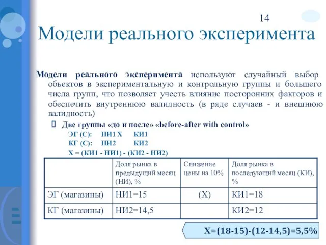 Модели реального эксперимента Модели реального эксперимента используют случайный выбор объектов в экспериментальную