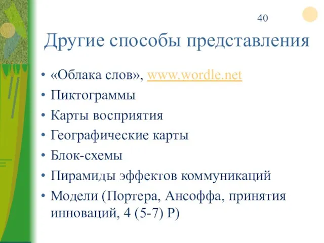 Другие способы представления «Облака слов», www.wordle.net Пиктограммы Карты восприятия Географические карты Блок-схемы