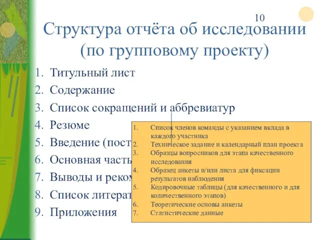 Структура отчёта об исследовании (по групповому проекту) Титульный лист Содержание Список сокращений