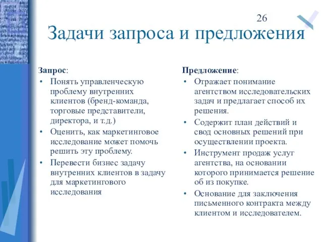 Задачи запроса и предложения Запрос: Понять управленческую проблему внутренних клиентов (бренд-команда, торговые