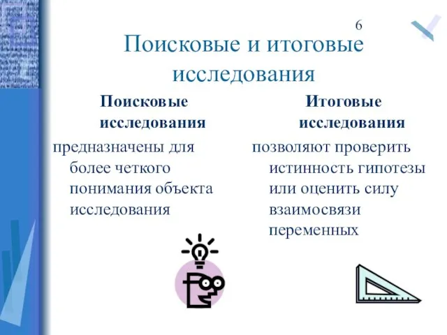 Поисковые и итоговые исследования Поисковые исследования предназначены для более четкого понимания объекта