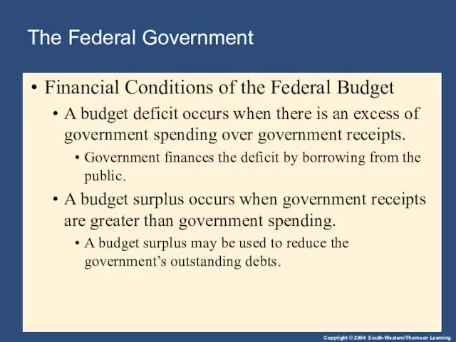 The Federal Government Financial Conditions of the Federal Budget A budget deficit