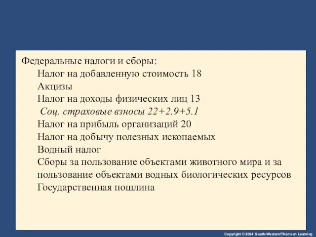 Федеральные налоги и сборы: Налог на добавленную стоимость 18 Акцизы Налог на