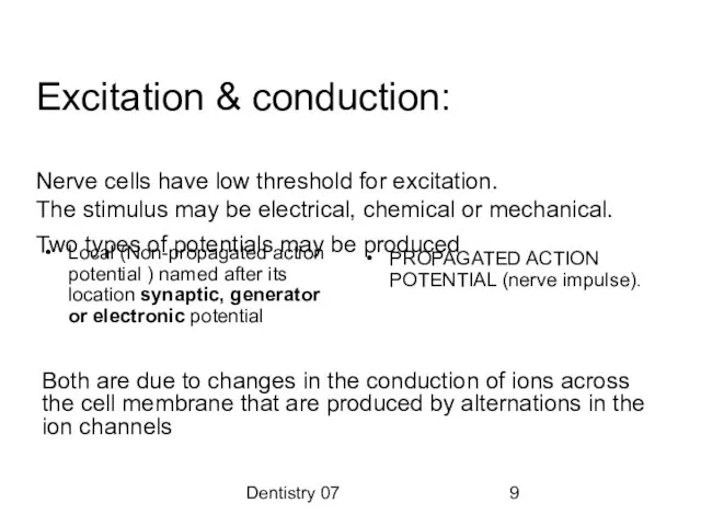 Dentistry 07 Excitation & conduction: Nerve cells have low threshold for excitation.