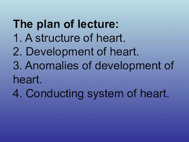 The plan of lecture: 1. A structure of heart. 2. Development of