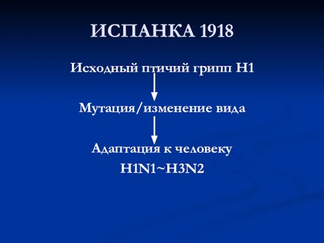 ИСПАНКА 1918 Исходный птичий грипп H1 Мутация/изменение вида Адаптация к человеку Н1N1~H3N2