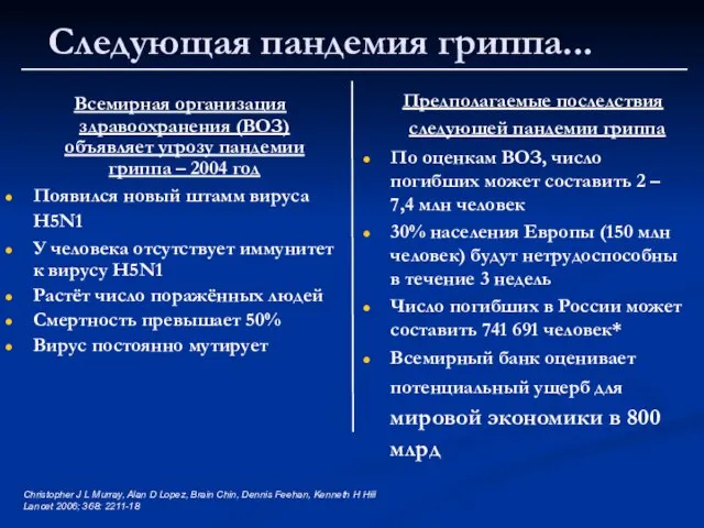 Следующая пандемия гриппа... Всемирная организация здравоохранения (ВОЗ) объявляет угрозу пандемии гриппа –