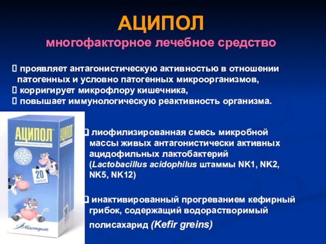 АЦИПОЛ многофакторное лечебное средство проявляет антагонистическую активностью в отношении патогенных и условно