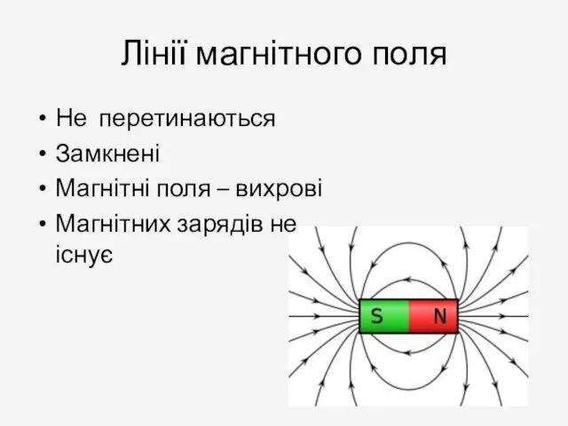 Лінії магнітного поля Не перетинаються Замкнені Магнітні поля – вихрові Магнітних зарядів не існує