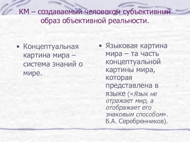 КМ – создаваемый человеком субъективный образ объективной реальности. Концептуальная картина мира –