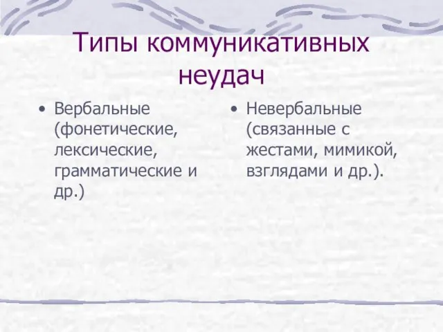 Типы коммуникативных неудач Вербальные (фонетические, лексические, грамматические и др.) Невербальные (связанные с