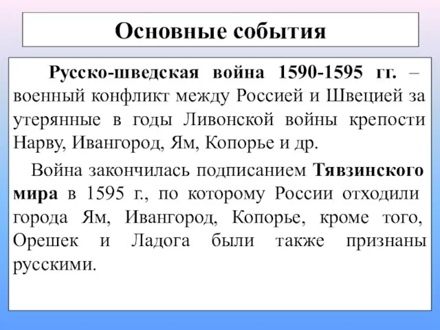 Основные события Русско-шведская война 1590-1595 гг. – военный конфликт между Россией и