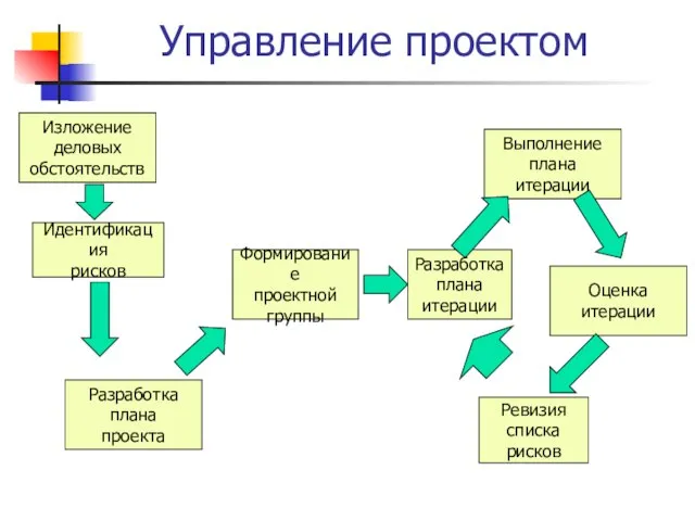 Управление проектом Изложение деловых обстоятельств Идентификация рисков Разработка плана проекта Формирование проектной