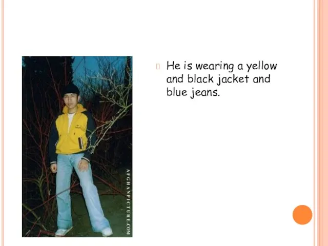 He is wearing a yellow and black jacket and blue jeans.