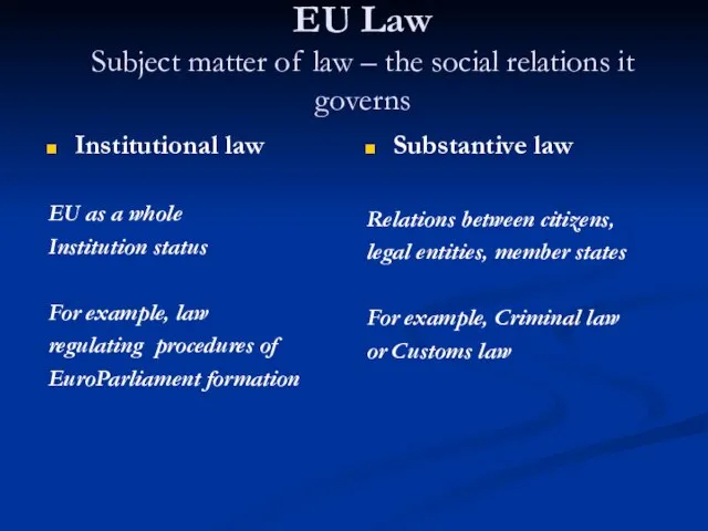 EU Law Subject matter of law – the social relations it governs