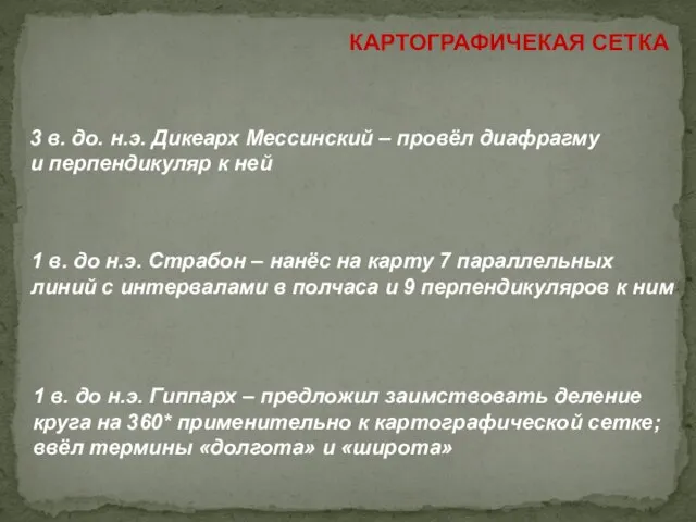 КАРТОГРАФИЧЕКАЯ СЕТКА 3 в. до. н.э. Дикеарх Мессинский – провёл диафрагму и