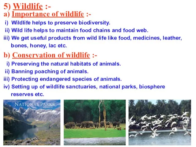 5) Wildlife :- a) Importance of wildlife :- i) Wildlife helps to