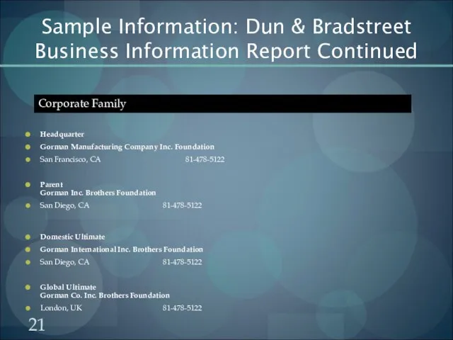 Sample Information: Dun & Bradstreet Business Information Report Continued Headquarter Gorman Manufacturing