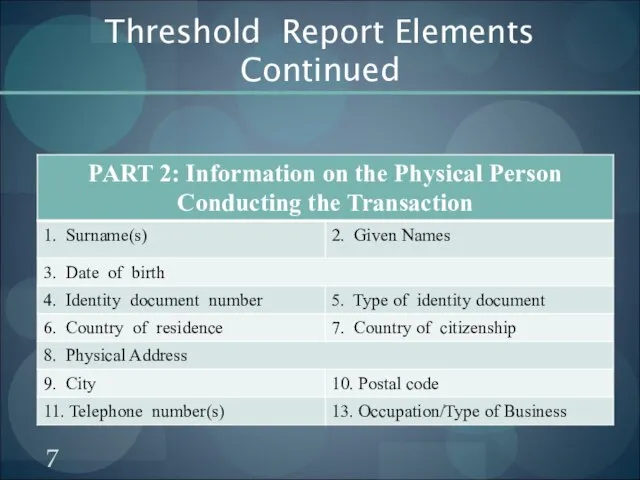 Threshold Report Elements Continued