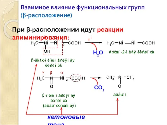 Взаимное влияние функциональных групп (β-расположение) При β-расположении идут реакции элиминирования: Н2О СО2 кетоновые тела