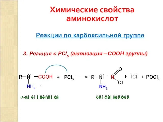 Химические свойства аминокислот Реакции по карбоксильной группе 3. Реакция с РСl5 (активация ─СООН группы)