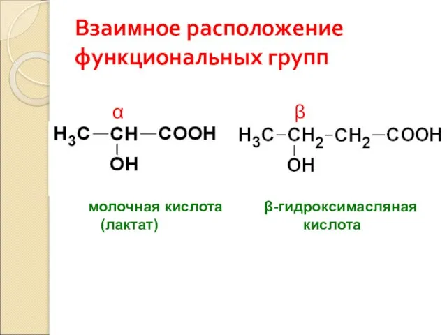 Взаимное расположение функциональных групп молочная кислота β-гидроксимасляная (лактат) кислота α β