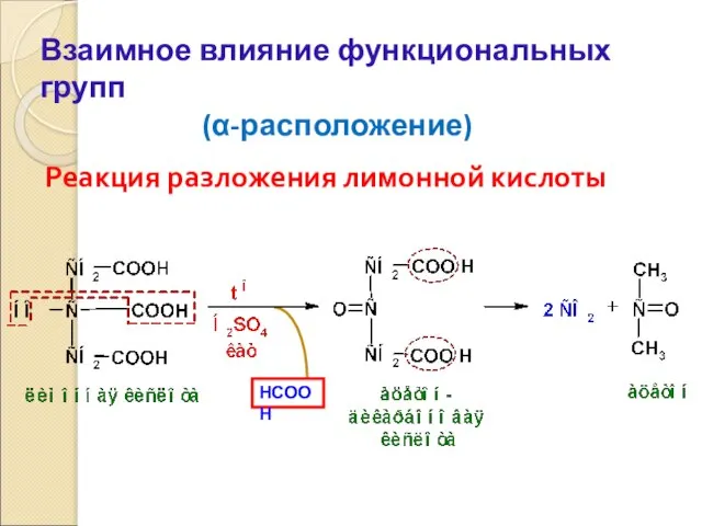 Реакция разложения лимонной кислоты Взаимное влияние функциональных групп (α-расположение) НСООН