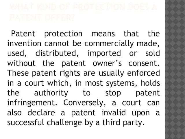 WHAT KIND OF PROTECTION DOES A PATENT OFFER? Patent protection means that