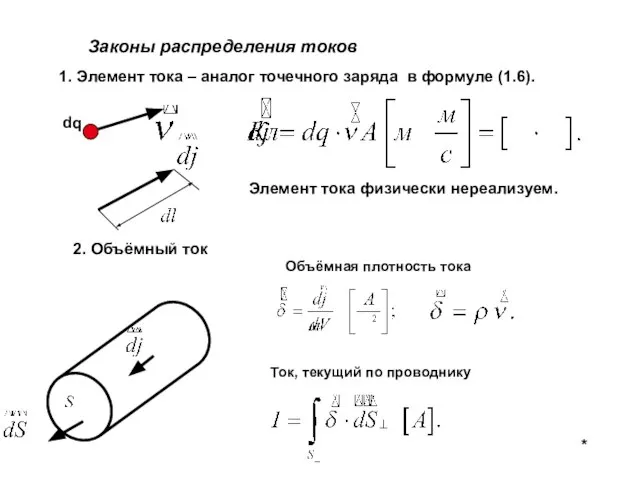 Законы распределения токов 1. Элемент тока – аналог точечного заряда в формуле