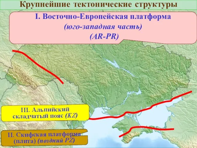 Крупнейшие тектонические структуры І. Восточно-Европейская платформа (юго-западная часть) (AR-PR) ІІ. Скифская платформа