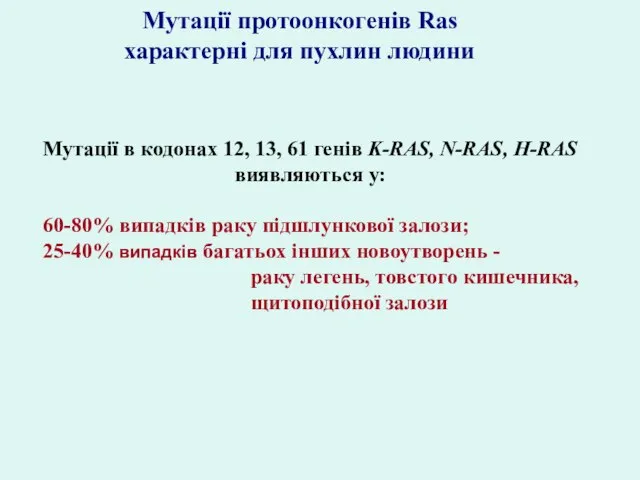 Мутації протоонкогенів Ras характерні для пухлин людини Мутації в кодонах 12, 13,