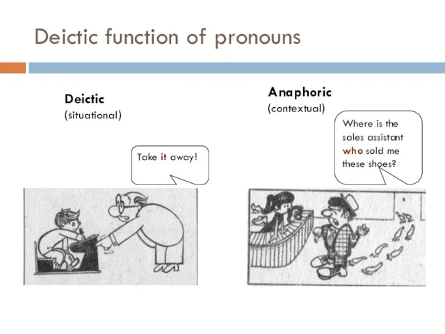 Deictic function of pronouns Take it away! Where is the sales assistant