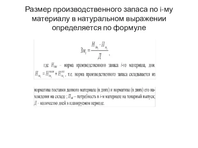 Размер производственного запаса по i-му материалу в натуральном вы­ражении определяется по формуле