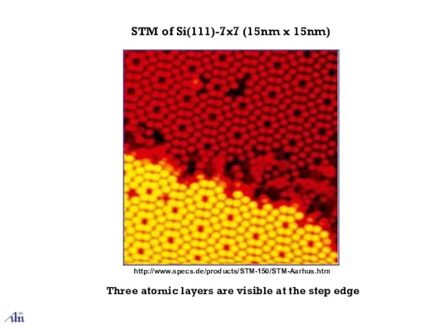 STM of Si(111)-7x7 (15nm x 15nm) http://www.specs.de/products/STM-150/STM-Aarhus.htm Three atomic layers are visible at the step edge