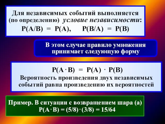 Для независимых событий выполняется (по определению) условие независимости: P(A/B) = P(А), P(В/А)