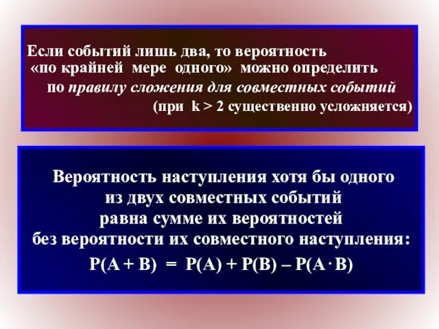 Если событий лишь два, то вероятность «по крайней мере одного» можно определить