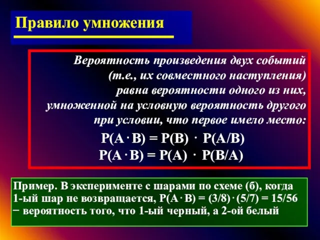 Правило умножения Вероятность произведения двух событий (т.е., их совместного наступления) равна вероятности