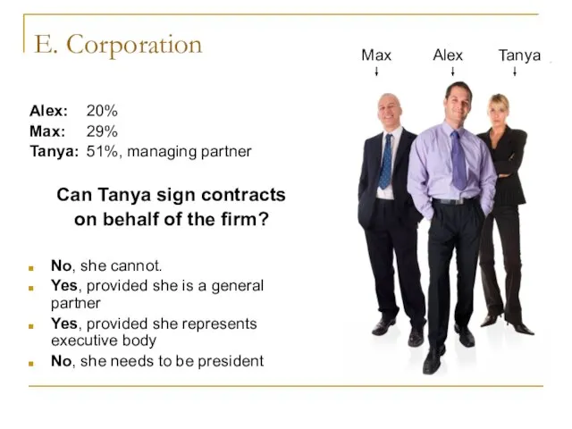 E. Corporation Alex: 20% Max: 29% Tanya: 51%, managing partner Can Tanya