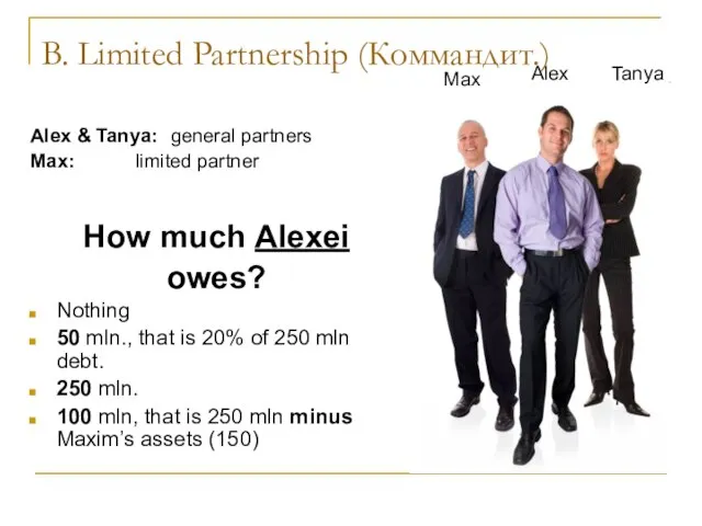 B. Limited Partnership (Коммандит.) Alex & Tanya: general partners Max: limited partner