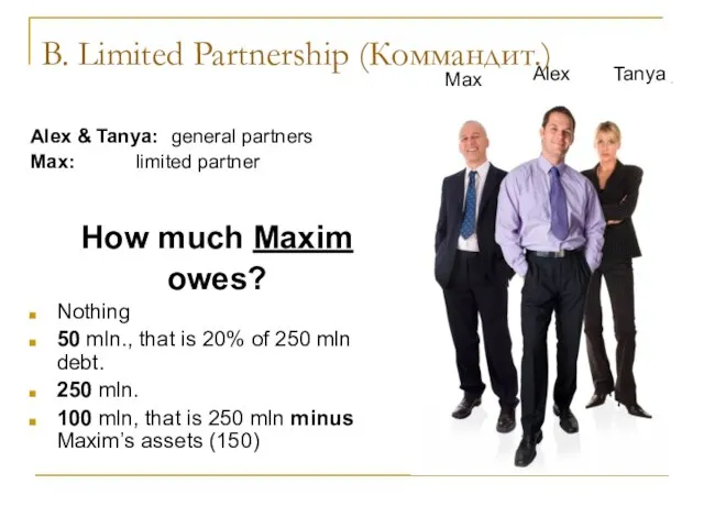 B. Limited Partnership (Коммандит.) Alex & Tanya: general partners Max: limited partner