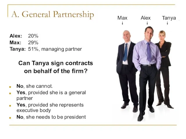 A. General Partnership Alex: 20% Max: 29% Tanya: 51%, managing partner Can