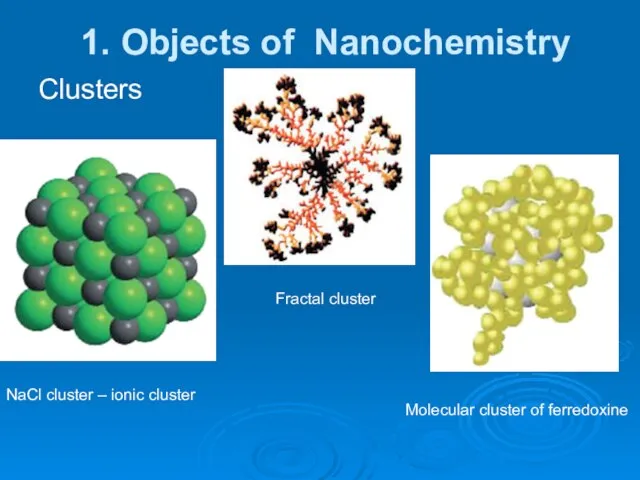 1. Objects of Nanochemistry Clusters NaCl cluster – ionic cluster Fractal cluster Molecular cluster of ferredoxine