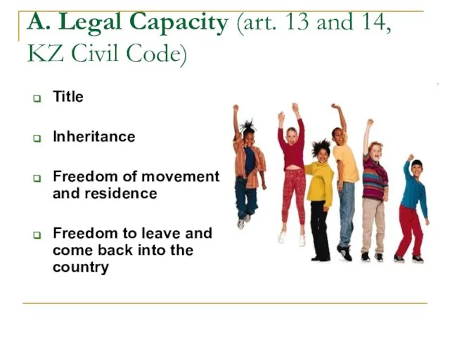 A. Legal Capacity (art. 13 and 14, KZ Civil Code) Title Inheritance