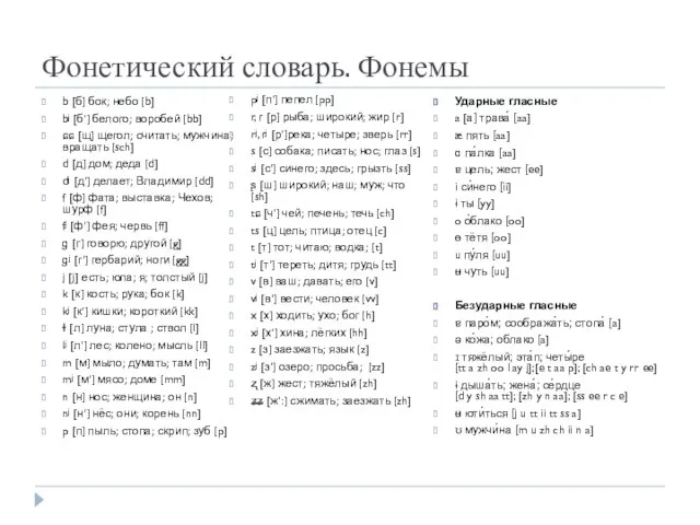 Фонетический словарь. Фонемы b [б] бок; небо [b] bʲ [б'] белого; воробей