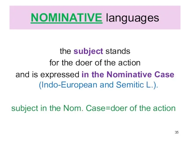 NOMINATIVE languages the subject stands for the doer of the action and