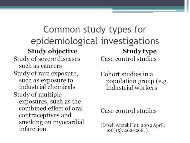 Common study types for epidemiological investigations Study objective Study of severe diseases